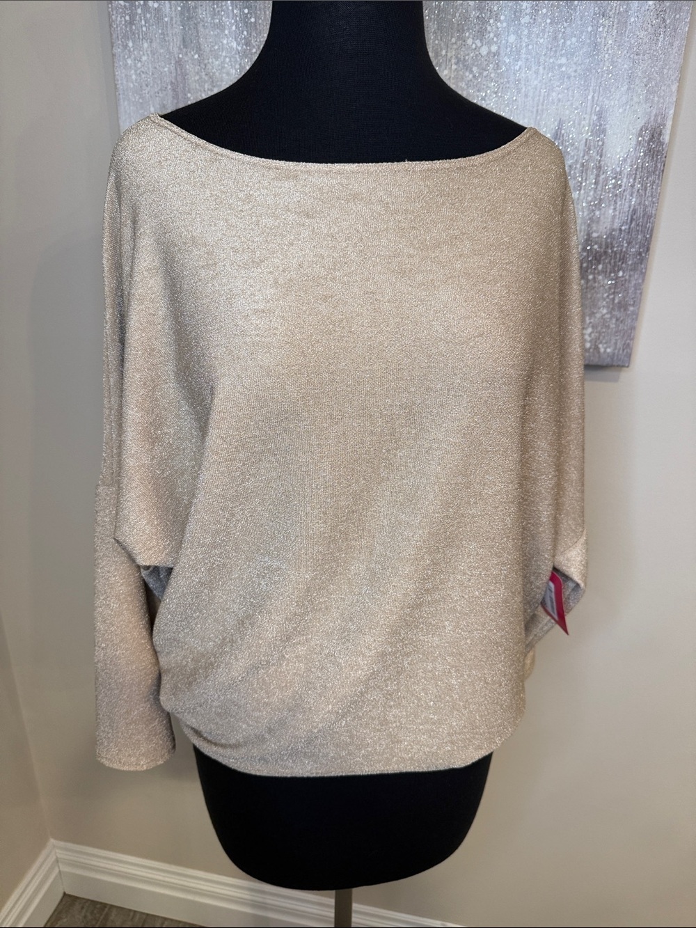 Women's Champagne Glitter Metallic Boatneck Top Size Small